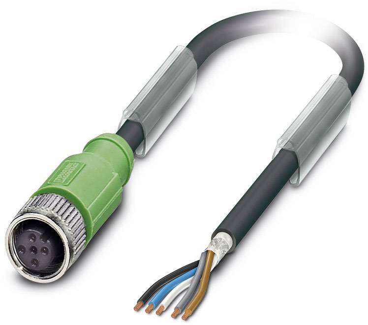 A green, round plug cable with exposed copper wires at the end, insulated by plastic sheaths, for electrical connection.