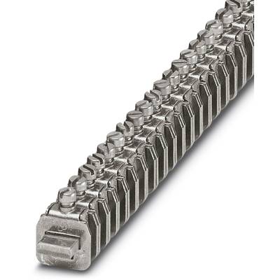 Metal connector block with multiple screw connections in a row, used for electrical connections.