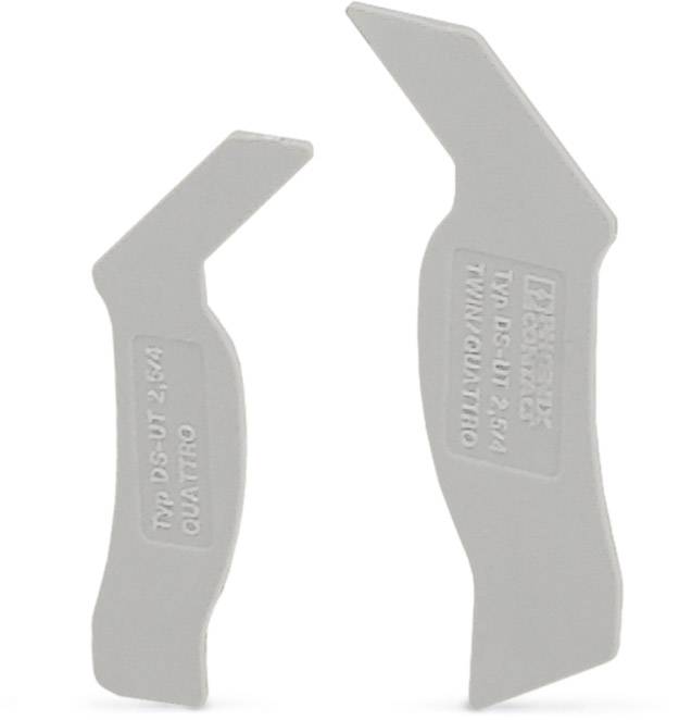 Two grey plastic parts with various angles and embossed lettering. They appear to be part of a tool or device.