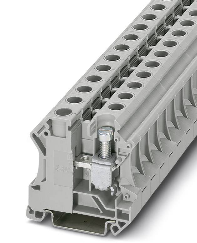 A grey, modular terminal block with multiple connection points and a mounting screw mechanism.