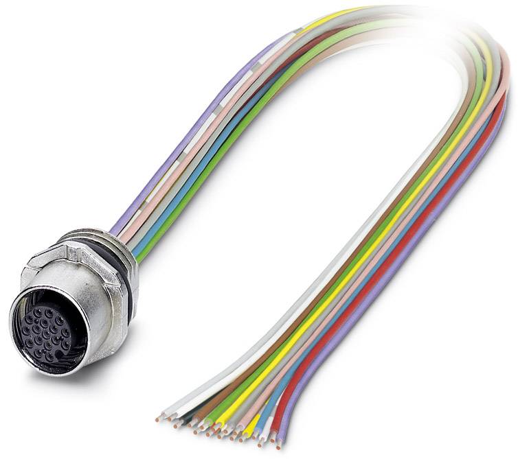 A multi-coloured cable with a plug at the end. The plug has multiple pins, suitable for various electrical connections.