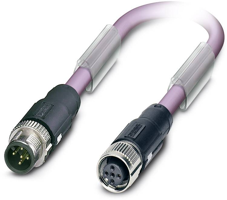 'Purple cable with two connectors: on the left a 5-pin plug for the data connection, on the right a plug with a socket. Used in network technology.'