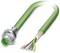 Green, angled cable with multi-coloured wires at one end and a round metal plug at the other end.