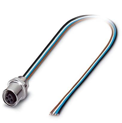 A metal plug with four exposed cables in blue, brown, black and white. Suitable for electrical connections and technical applications.