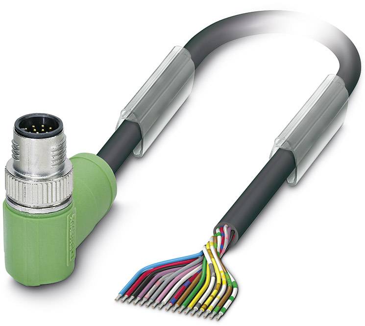 A green, angled connecting cable with exposed, colour-coded wires at the end for electrical connections.