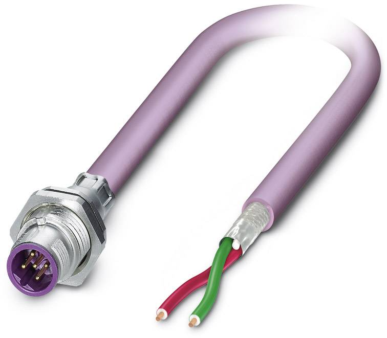 A violet electric cable with a round metal plug and two stripped cores, one red, one green, at the open end.