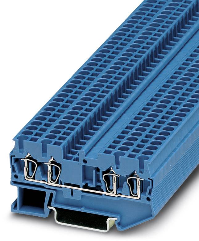 Blue electrical multi-port connector with vertical slots, suitable for industrial applications.
