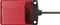 Red rectangular switch with a black base and metal pin, likely part of an electrical or mechanical device.