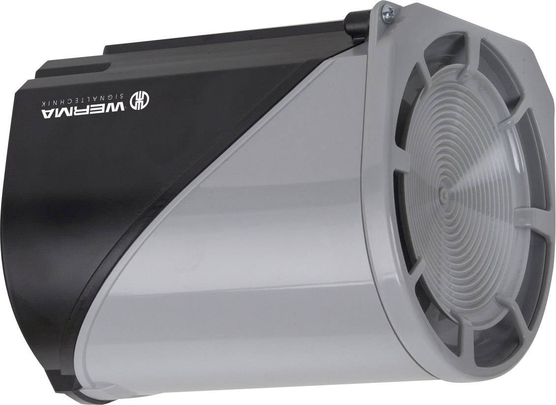 An electronic alarm device with a grey and black casing, mounted on the wall. Brand name on the top surface.