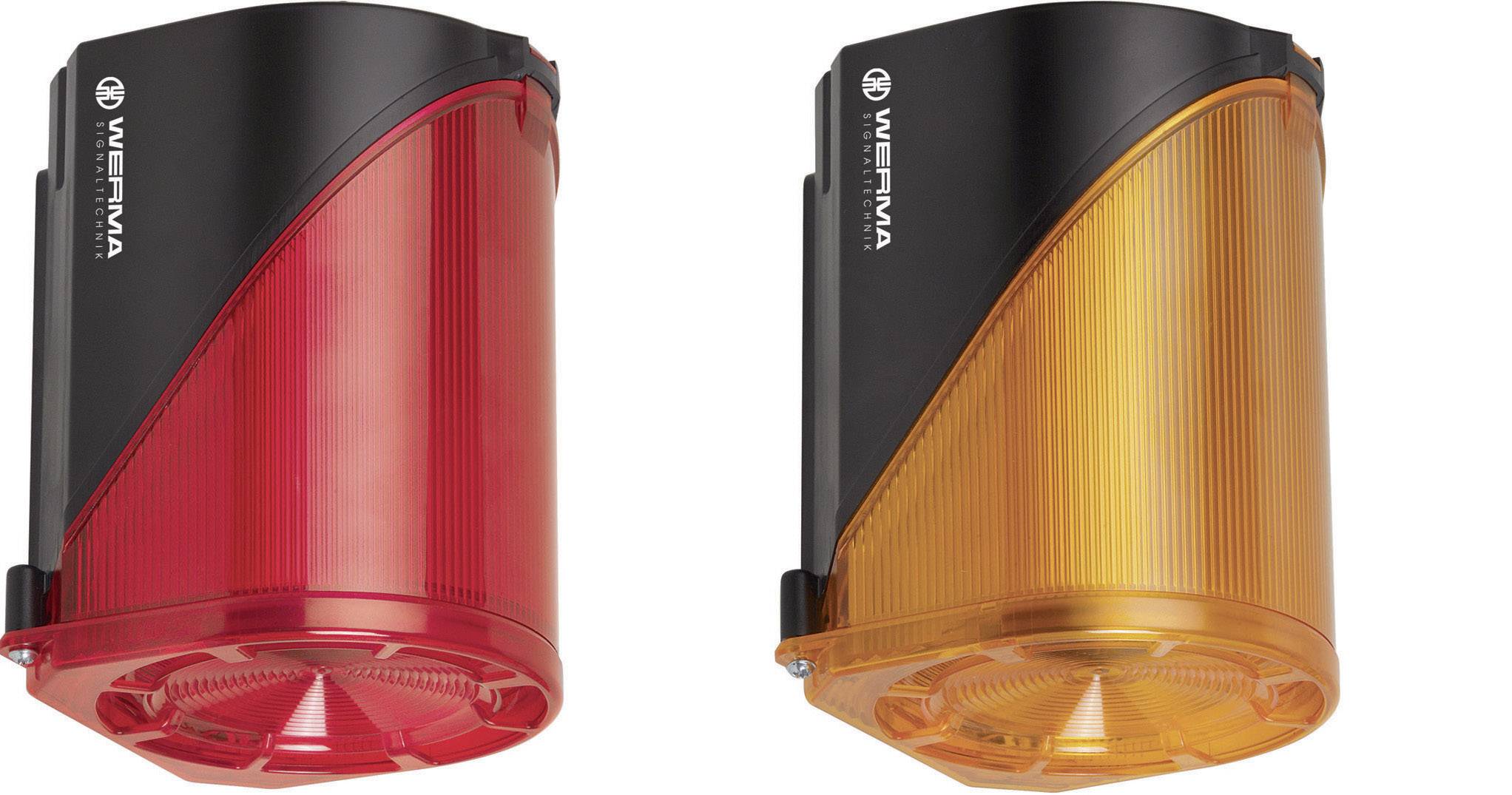 Two signal-coloured LED lights arranged vertically: red on the left, orange on the right. They are used for visual signalling.