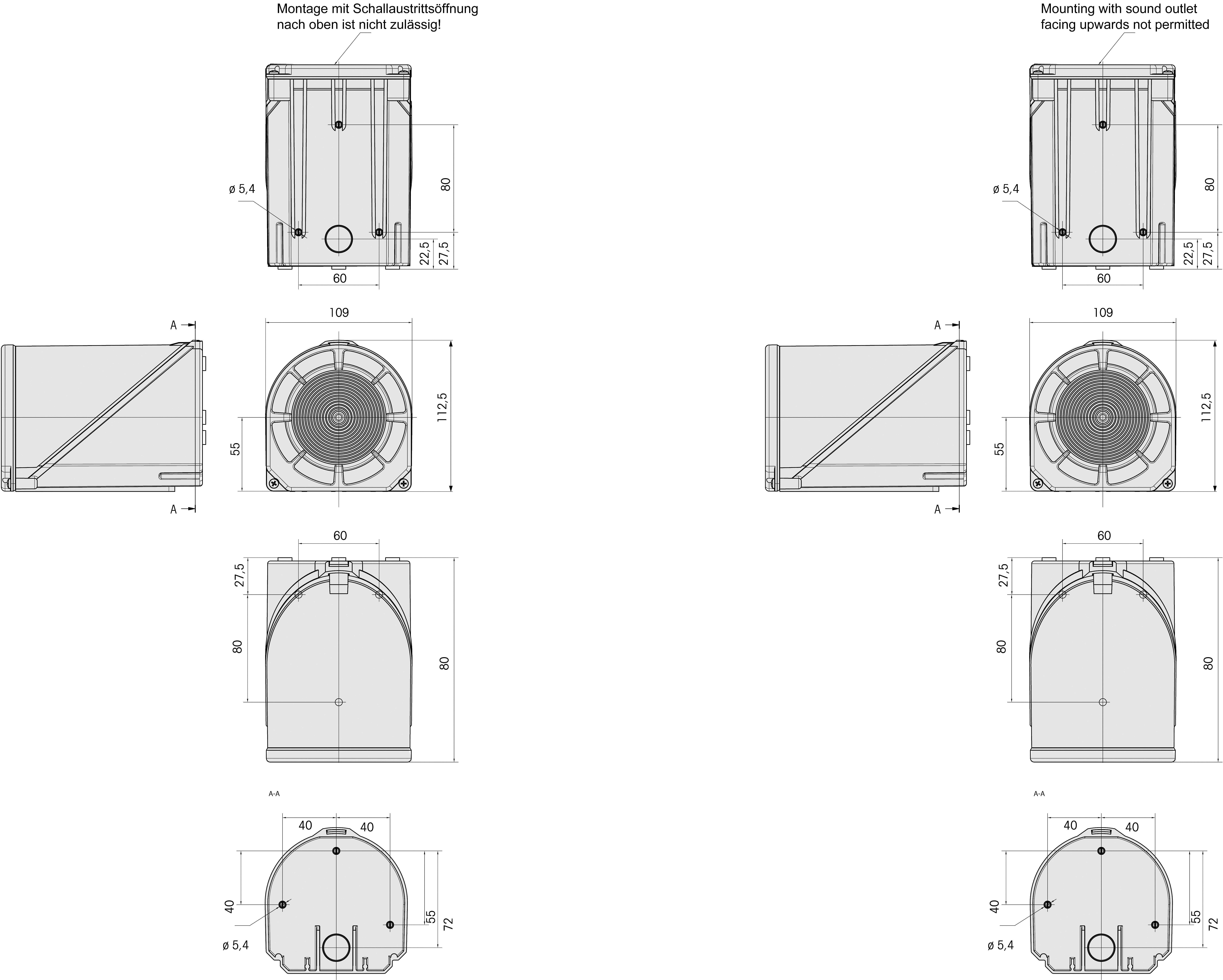 Technical drawing of an enclosure with various views and dimensions, showing correct and non-permissible mounting positions.