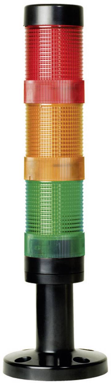 A traffic light with three stacked lights: red, yellow, and green, mounted on a black base. It indicates status or operation.