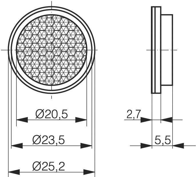 Technical drawing of a round part with grid, showing top view and cross-section, diameter specifications: 20.5 to 25.2 mm, depth 5.5 mm.