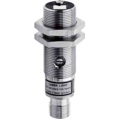 Metal sensor with a cylindrical housing, labelled 'LASER LIGHT' with a warning against direct eye exposure to the beam.