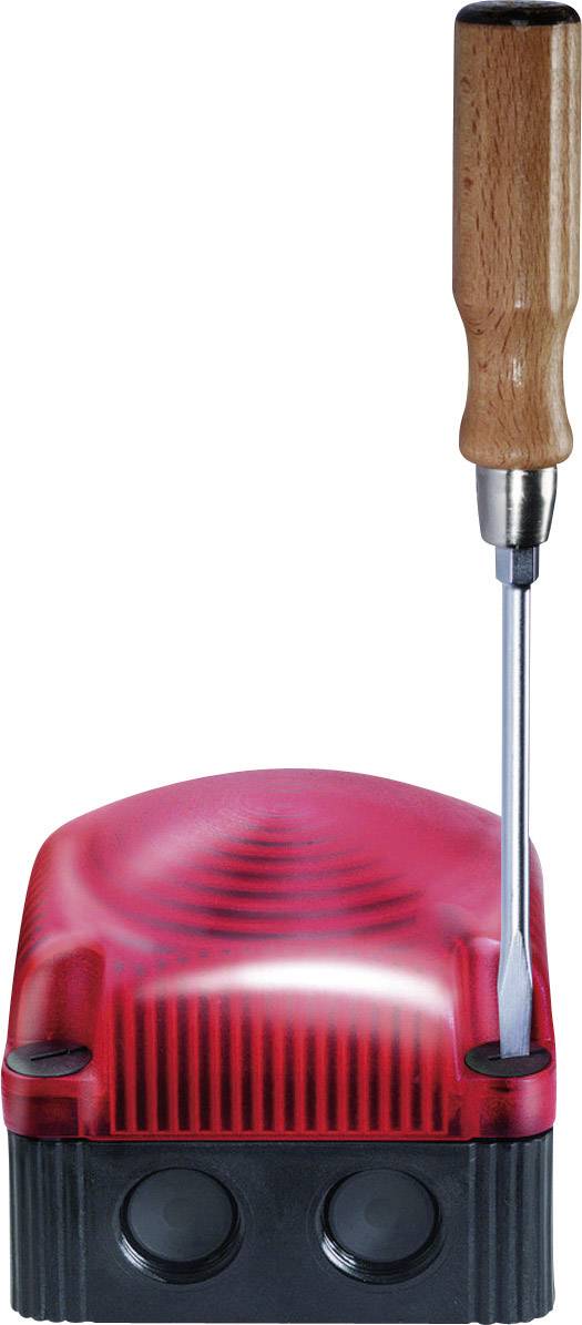 A red, transparent cover housing with a screwdriver passing through the top is seated in a black base.