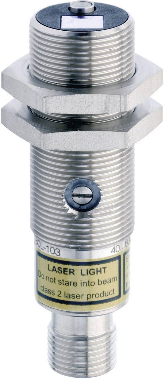 Metal sensor with cylindrical shape and label 'Laser light, do not look into beam, Class 2 laser product'.