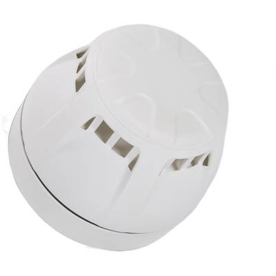 White smoke detector with ventilation slots, suitable for ceiling mounting in indoor spaces, safety device for early fire detection.