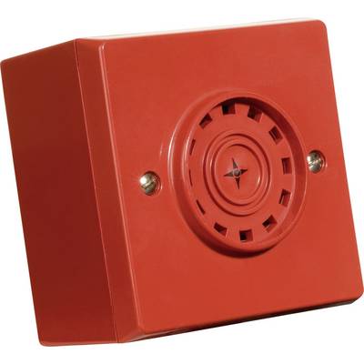 Red fire alarm with a circular speaker in the centre, mounted on a wall.