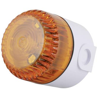 Orange strobe light on a white casing, used for visual warning or alerting, often in safety-related facilities.
