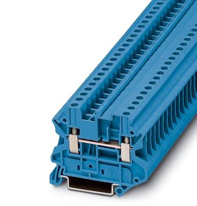 A blue electrical terminal block with multiple cable insertion points, suitable for mounting on a DIN rail.