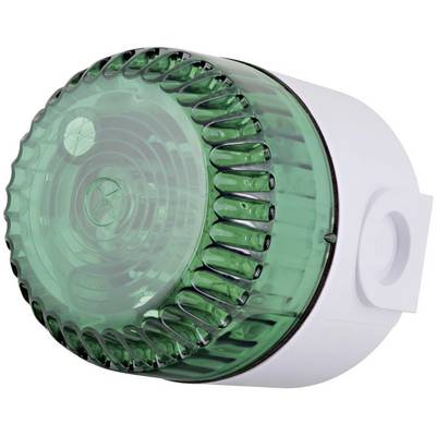 A green warning signal light made of plastic in a cylindrical form, mounted on a wall.