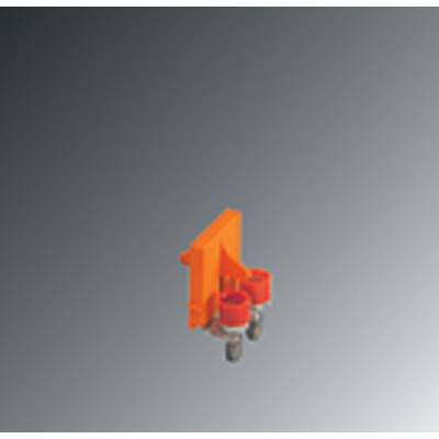 An orange-coloured, small component with two red, cylindrical fastening elements and metal parts, against a grey background.