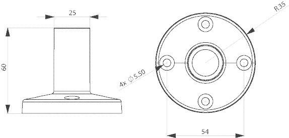 Technical Drawing of a Holder with Dimensions: Height 60, Width 25, Diameter 54, four holes with 5.5 diameter.