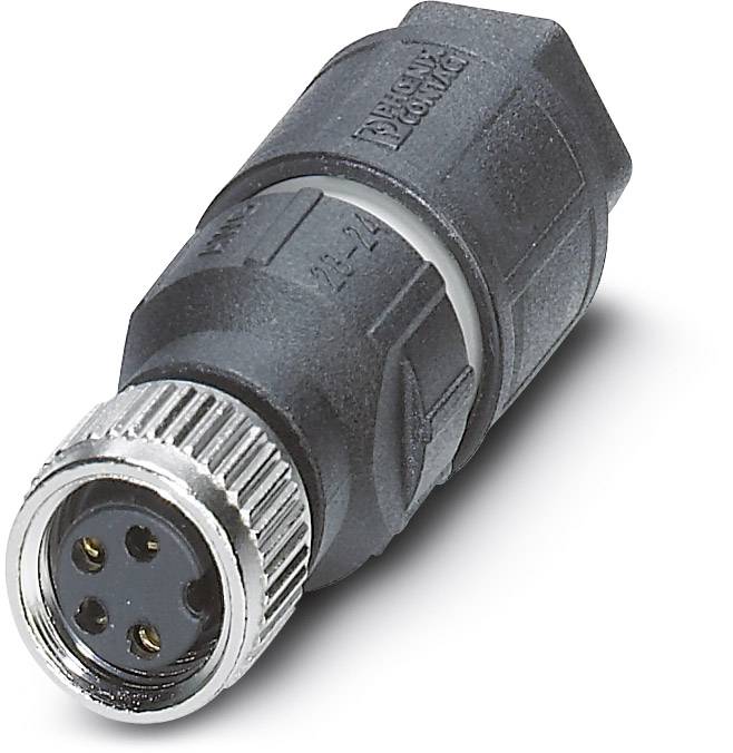 A black, cylindrical connector with metallic threading and four connection ports, suitable for industrial applications.