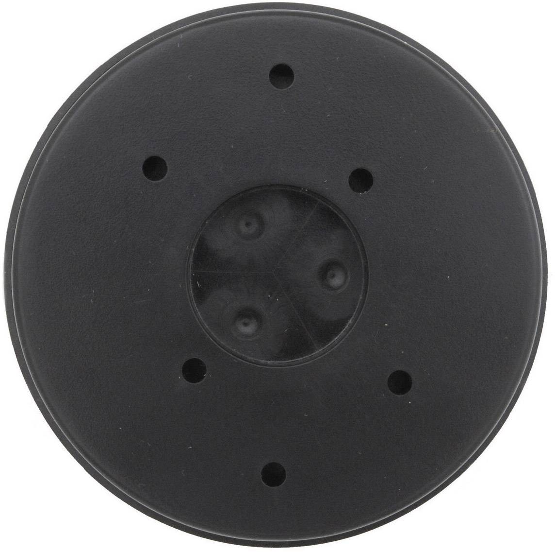 A round, black disc with seven symmetrically arranged holes.