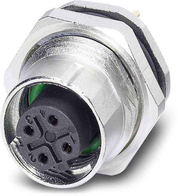 Metal connector with a black plastic inner section and five numbered pins, surrounded by a hexagonal thread.