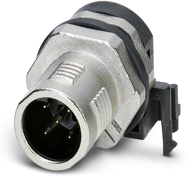 A four-pin metal plug for industrial connections, surrounded by a hexagonal thread for securing.
