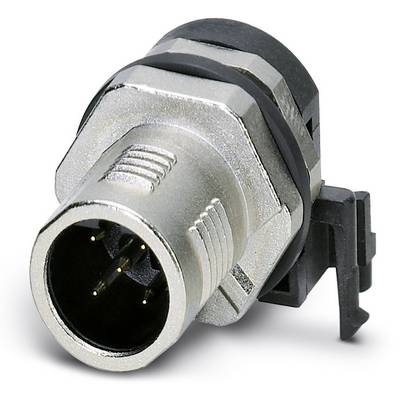 A four-pin metal plug for industrial connections, surrounded by a hexagonal thread for securing.