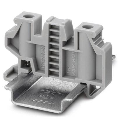 Grey, modular terminal block with two cable entries. It is made of plastic and mounted on a metal rail.