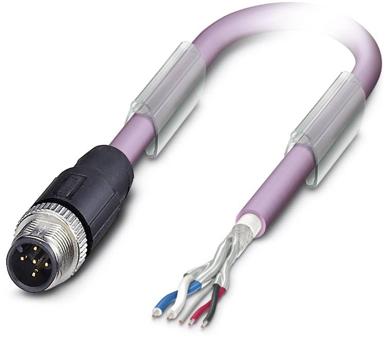 Cable with purple insulation, with one end cut to expose three coloured wires and the internal structure; the other end has a round plug.