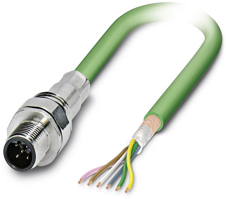 A green cable with stripped wire ends and a three-contact metal plug, suitable for electrical connections.