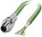 A green cable with stripped wire ends and a three-contact metal plug, suitable for electrical connections.