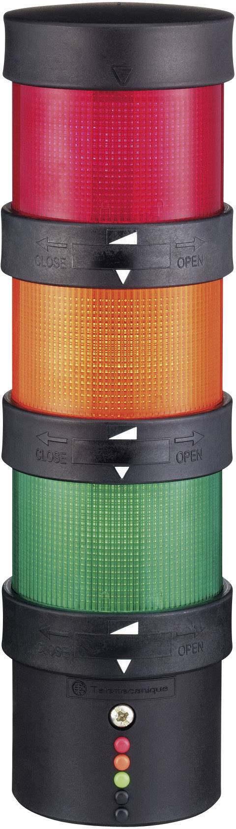 'No entry', 'Please open' and 'Pre-heated' on a signal column tower with clearly illuminated red, yellow and green lights.
