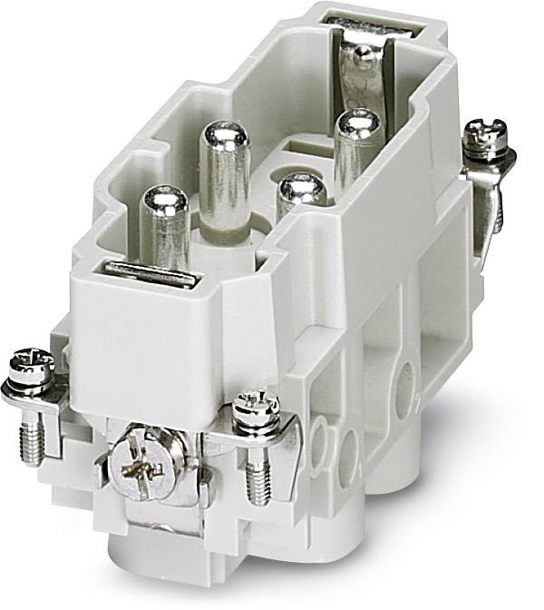 Pictured is a white, rectangular electrical plug with metal pins and fixing screws, suitable for industrial applications.