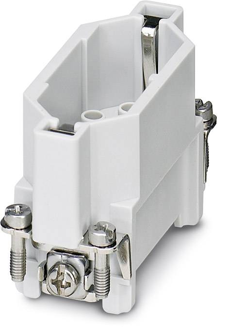 A white terminal block with a screw mechanism for securing electrical cables.