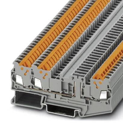 Terminal block with orange levers, grey housing. Used in electrical wiring for secure electrical connections.