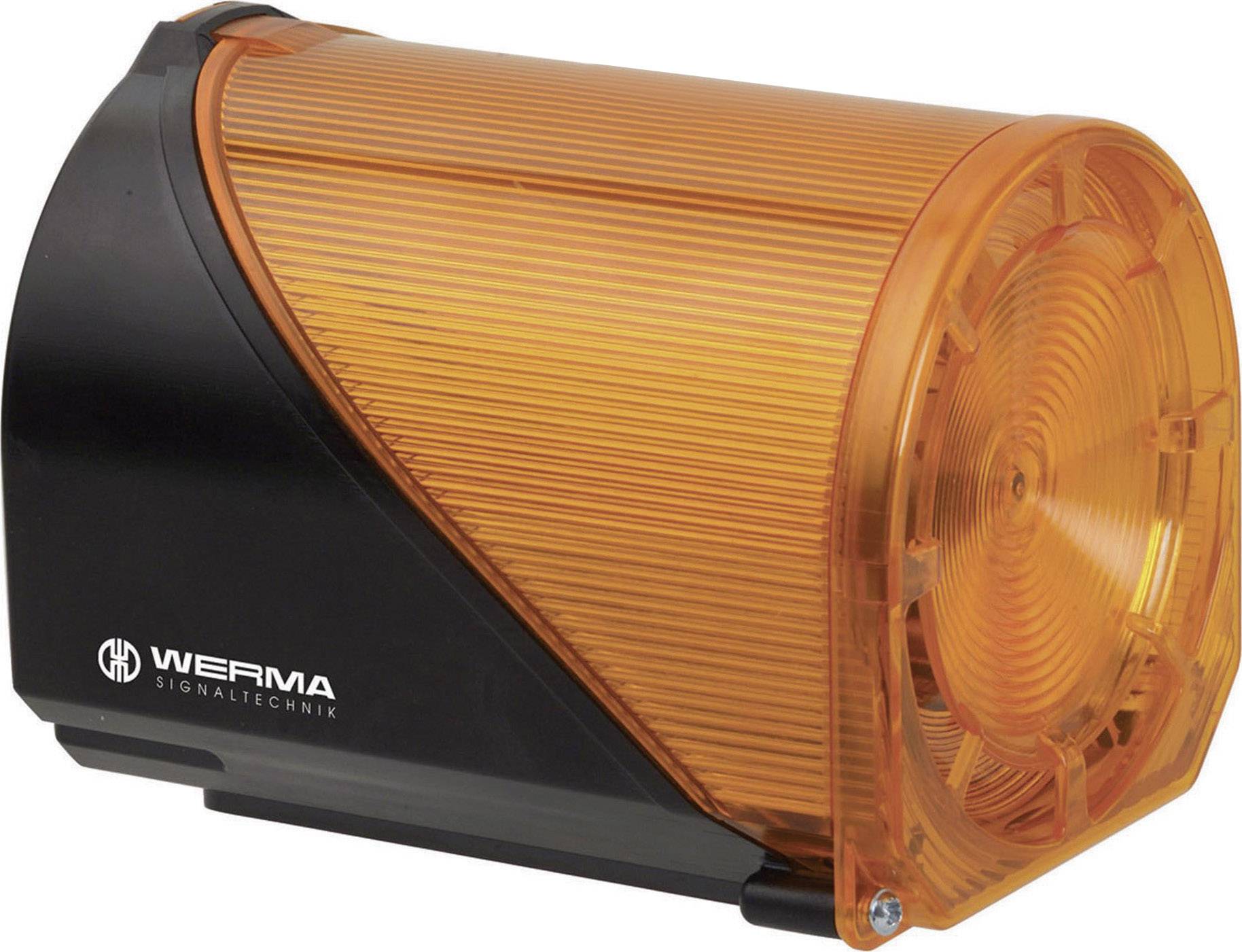 Orange signal light with a black housing from the Werma brand, pictured from the side.