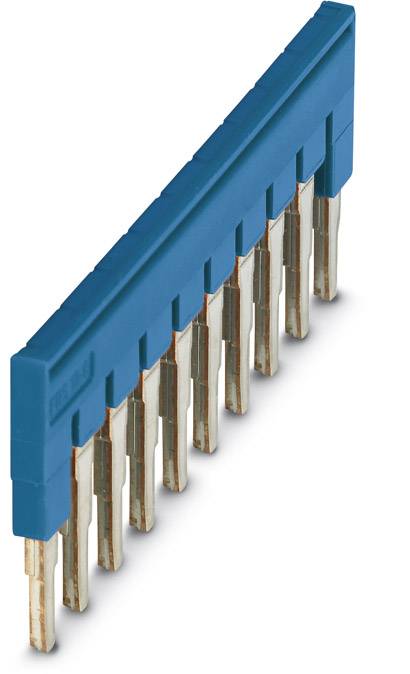 A blue electrical connector with ten metal pins for connecting electronic components.