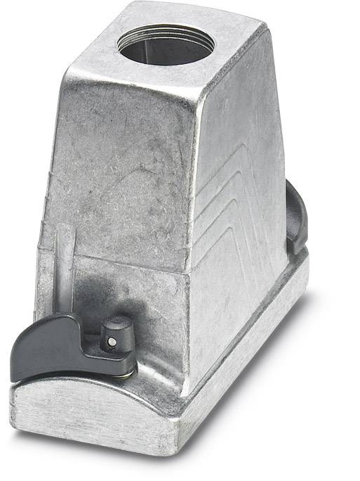 Metal casing with a rectangular shape and a circular opening at the top, along with a black closure on the side, depicted on a white background.