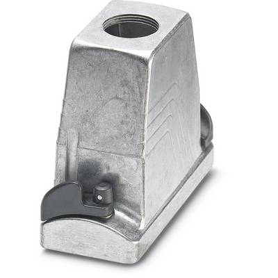 Metal casing with a rectangular shape and a circular opening at the top, along with a black closure on the side, depicted on a white background.