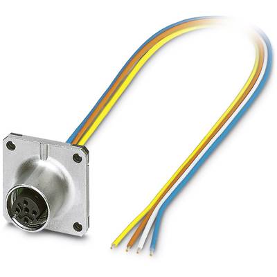 A round metal plug with colourful cables in blue, yellow, orange and white extending from the rear.