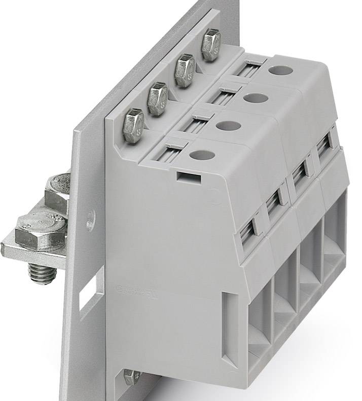 Grey electrical connection block, mounted on metal plate with four screw terminals on top, showing installation and connection options.