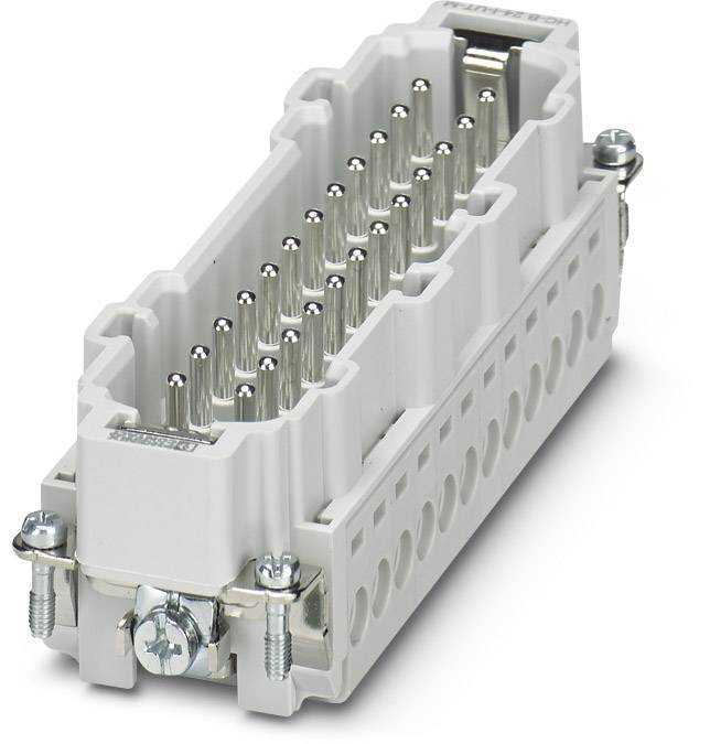 Grey, rectangular electrical connector with multiple metal pins for industrial applications.