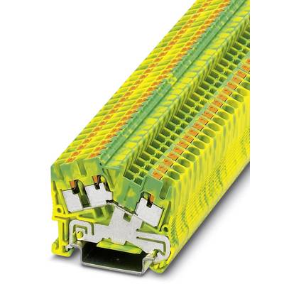 A yellow-green connection terminal block with metallic terminals and multiple plug connections. Suitable for secure wiring.