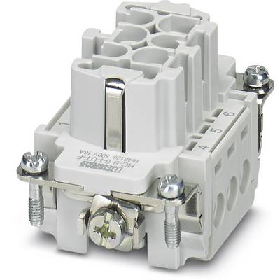 A grey-white electrical connector with six sockets and two mounting screws.