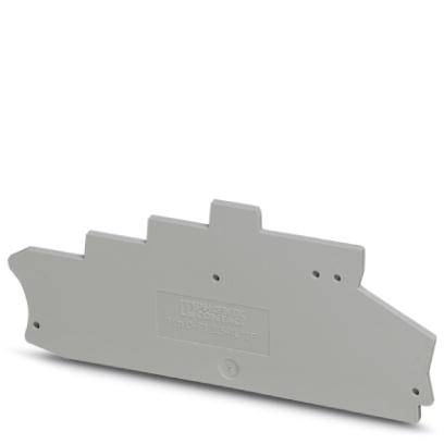 A grey plastic piece with multiple holes and a raised, rectangular area in the centre. It has an irregular shape.